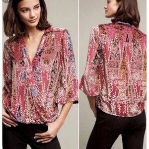 Anthropologie Floreat Japonica Wrap‎ Silk Blend Crushed Velvet BOHO Blouse